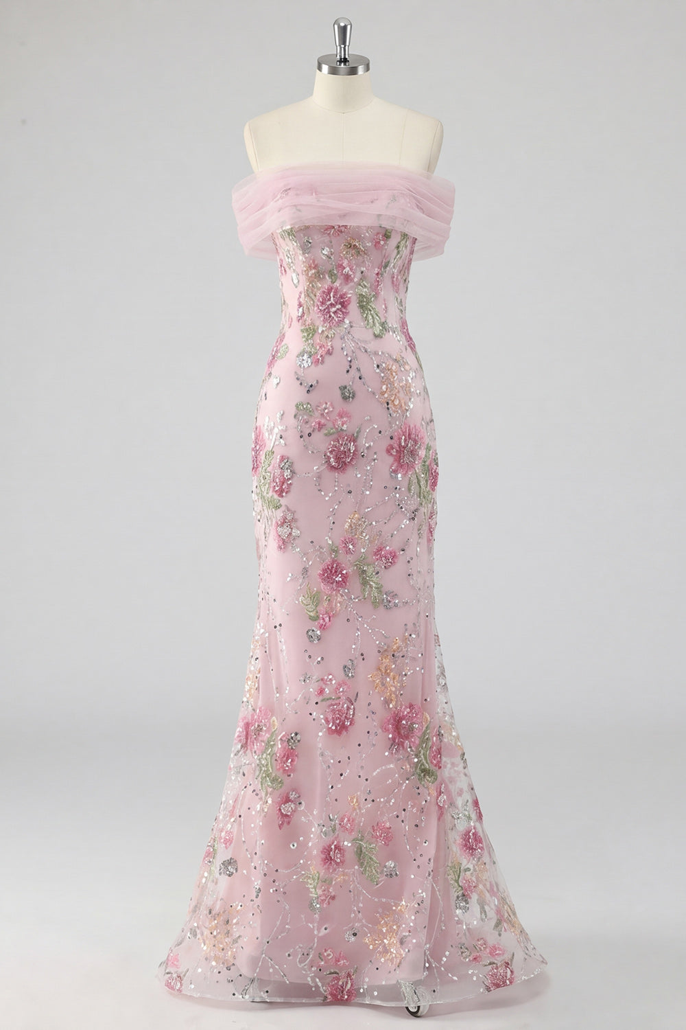Floral Mermaid Off the Shoulder Sparkly Pink Long Beaded Formal Dress