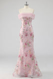 Floral Mermaid Off the Shoulder Sparkly Pink Long Beaded Formal Dress