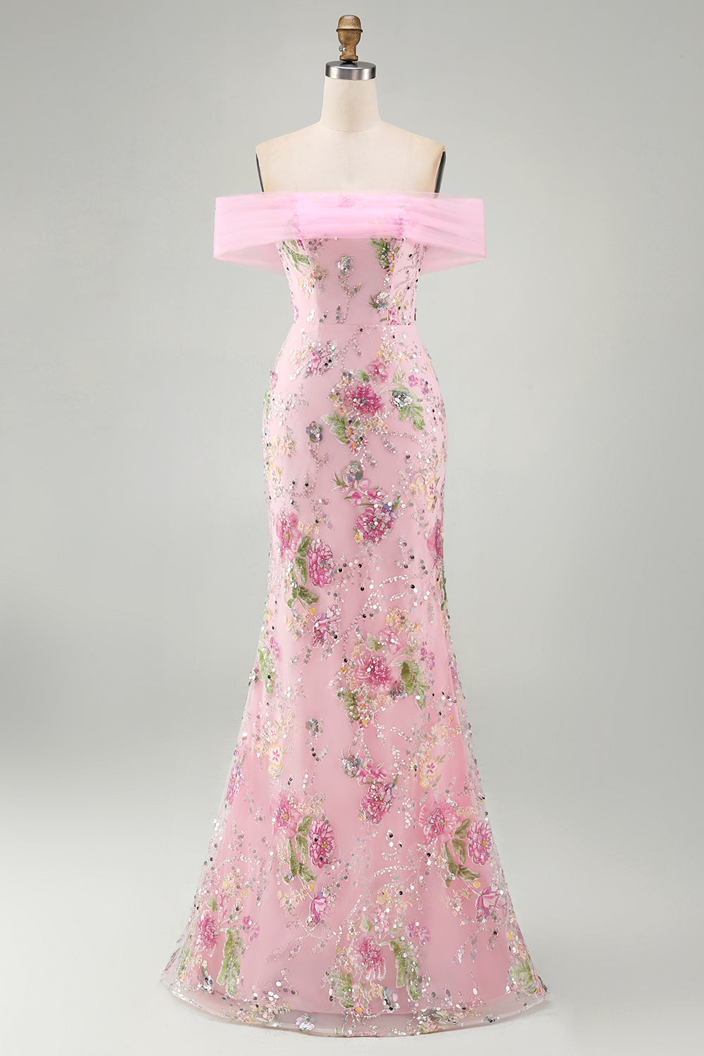 Floral Mermaid Off the Shoulder Sparkly Pink Long Beaded Formal Dress