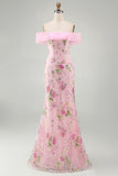 Floral Mermaid Off the Shoulder Sparkly Pink Long Beaded Formal Dress