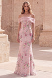 Floral Mermaid Off the Shoulder Sparkly Pink Long Beaded Formal Dress