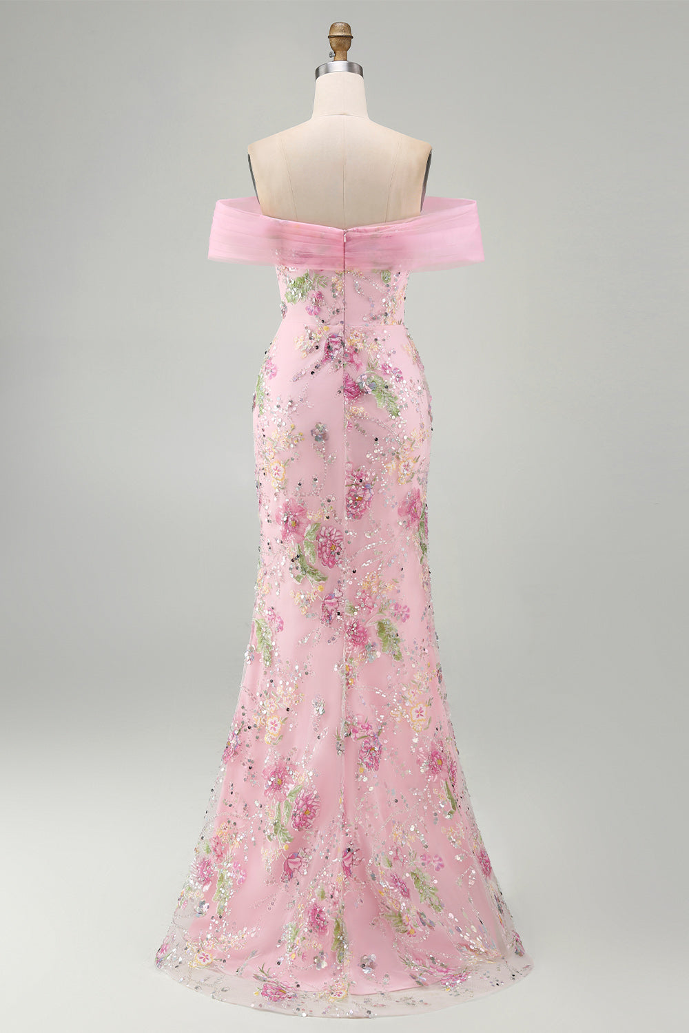 Floral Mermaid Off the Shoulder Sparkly Pink Long Beaded Formal Dress