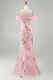 Floral Mermaid Off the Shoulder Sparkly Pink Long Beaded Formal Dress