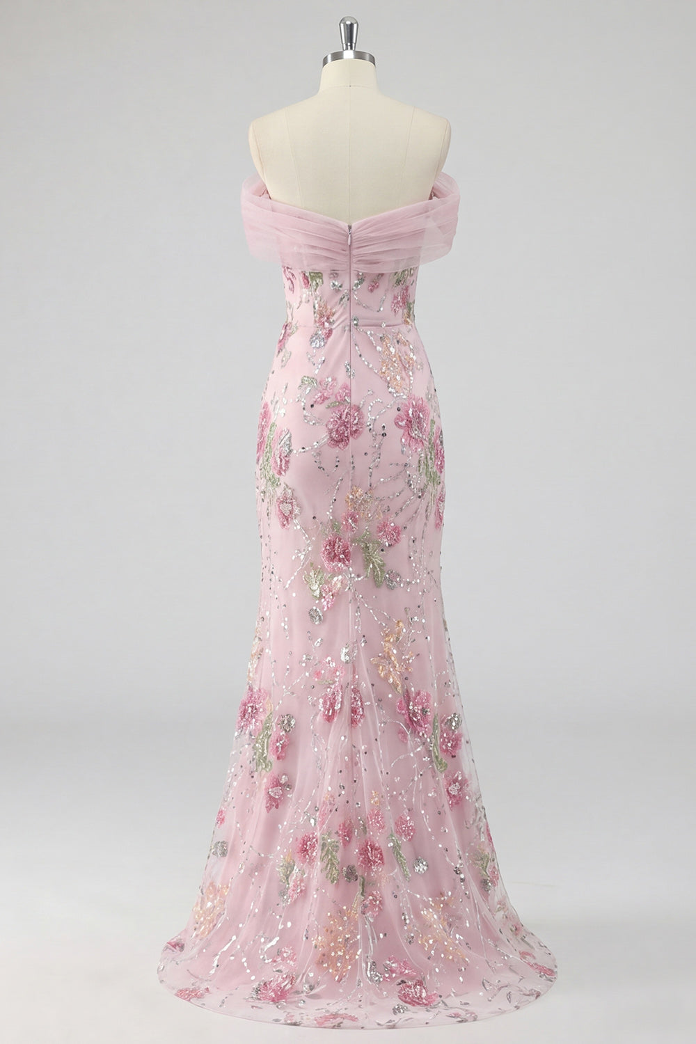 Floral Mermaid Off the Shoulder Sparkly Pink Long Beaded Formal Dress