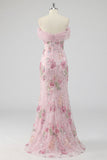 Floral Mermaid Off the Shoulder Sparkly Pink Long Beaded Formal Dress