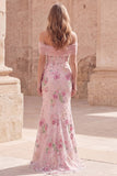 Floral Mermaid Off the Shoulder Sparkly Pink Long Beaded Formal Dress