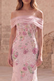 Floral Mermaid Off the Shoulder Sparkly Pink Long Beaded Formal Dress