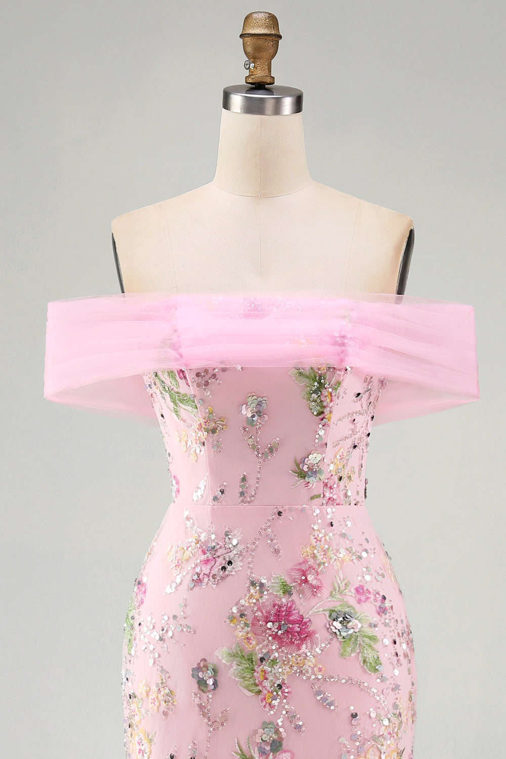 Floral Mermaid Off the Shoulder Sparkly Pink Long Beaded Formal Dress