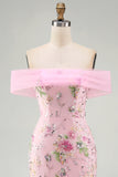 Floral Mermaid Off the Shoulder Sparkly Pink Long Beaded Formal Dress