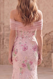 Floral Mermaid Off the Shoulder Sparkly Pink Long Beaded Formal Dress