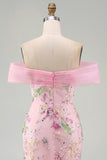 Floral Mermaid Off the Shoulder Sparkly Pink Long Beaded Formal Dress