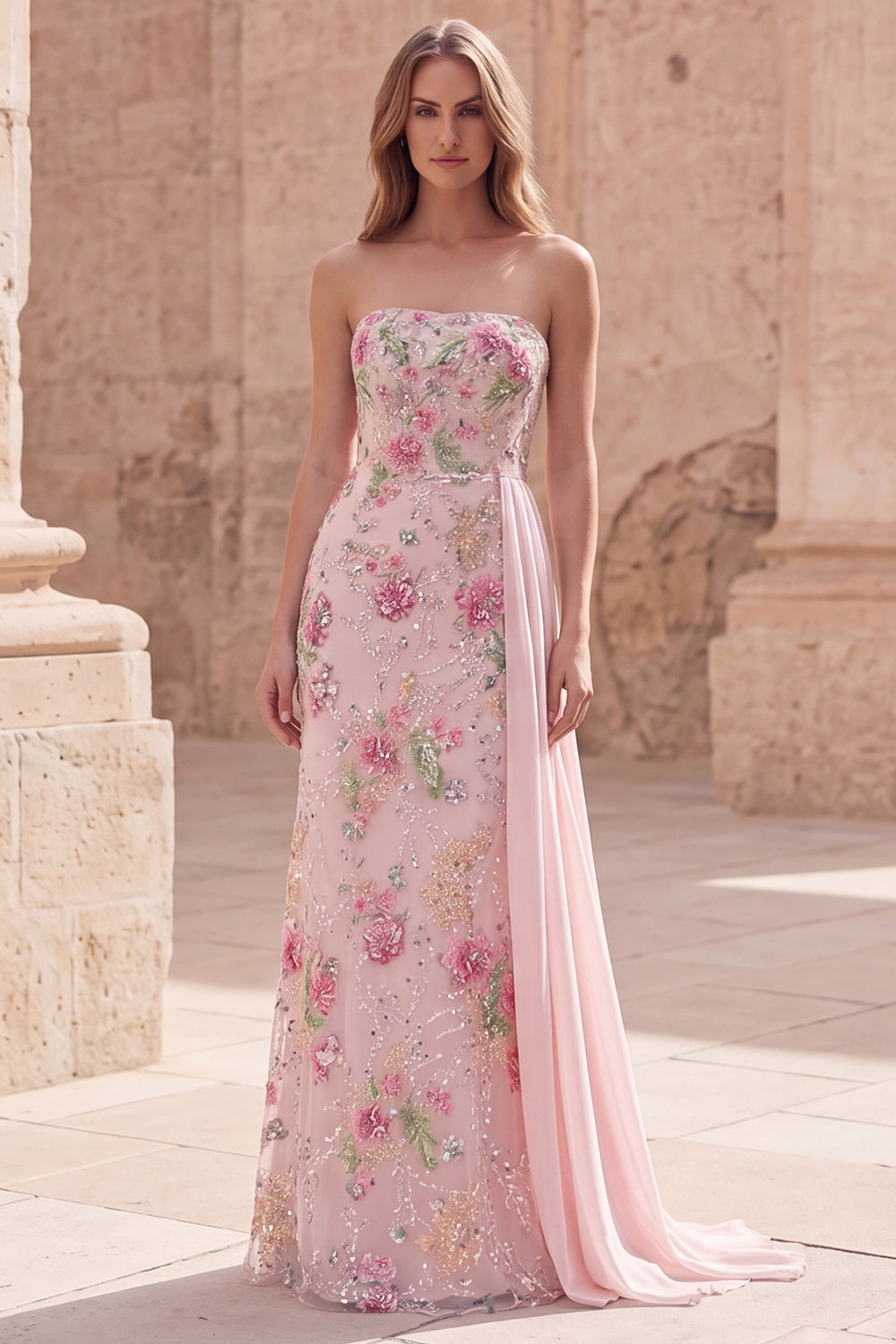 Beaded Floral Mermaid Sparkly Pink Long Formal Dress with Side Cape