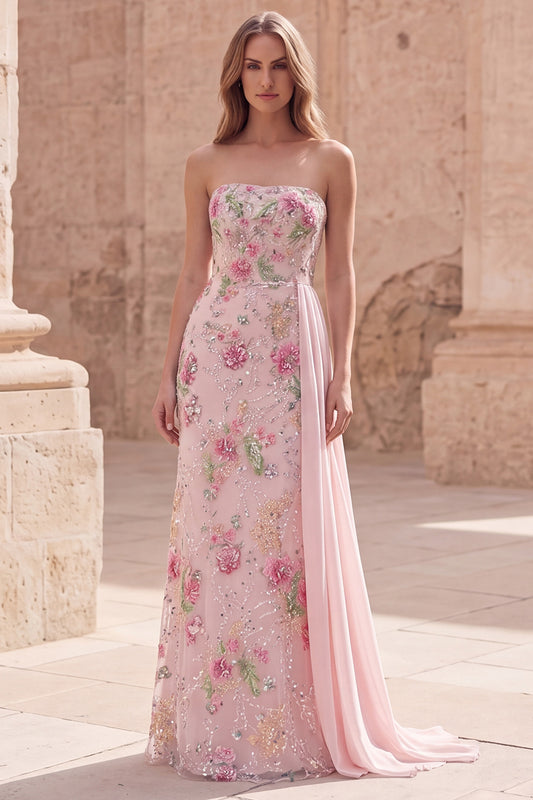 Beaded Floral Mermaid Sparkly Pink Long Formal Dress with Side Cape