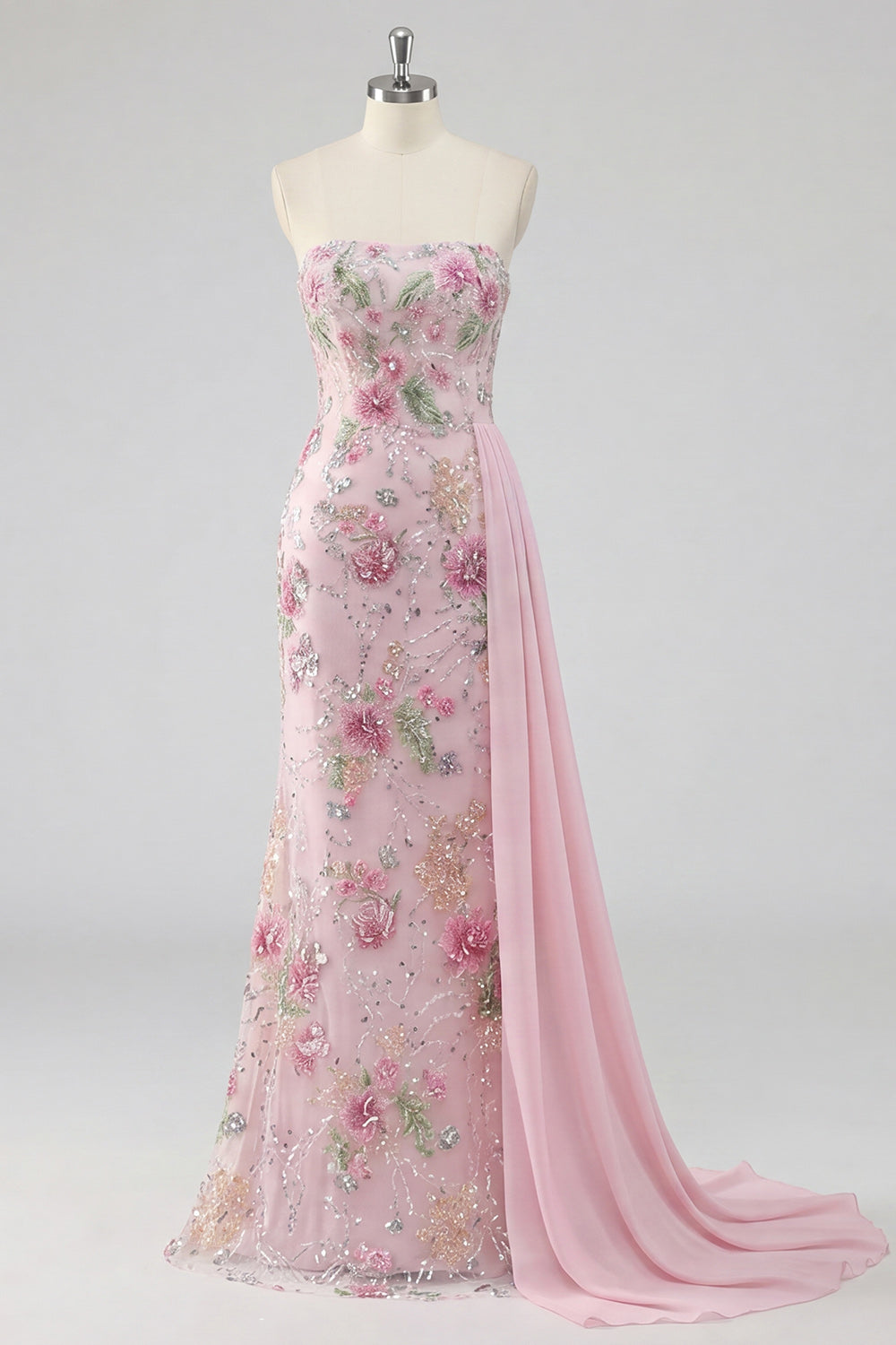 Beaded Floral Mermaid Sparkly Pink Long Formal Dress with Side Cape