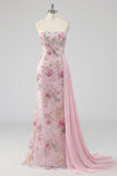 Beaded Floral Mermaid Sparkly Pink Long Formal Dress with Side Cape