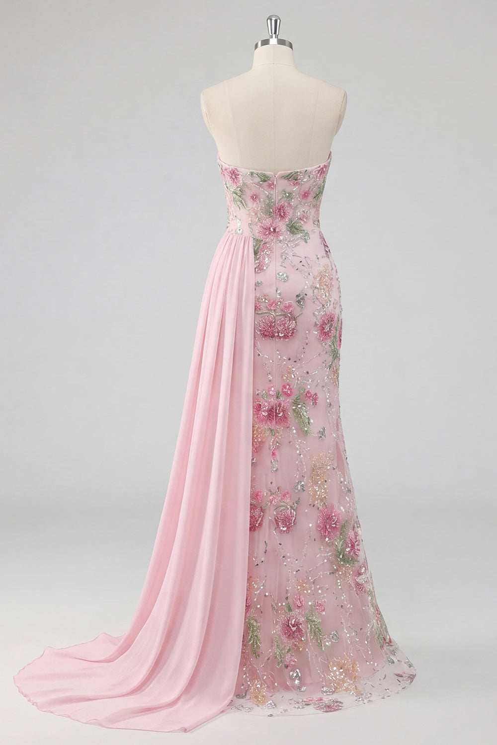 Beaded Floral Mermaid Sparkly Pink Long Formal Dress with Side Cape