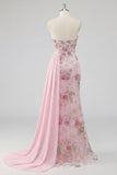 Beaded Floral Mermaid Sparkly Pink Long Formal Dress with Side Cape