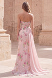 Beaded Floral Mermaid Sparkly Pink Long Formal Dress with Side Cape