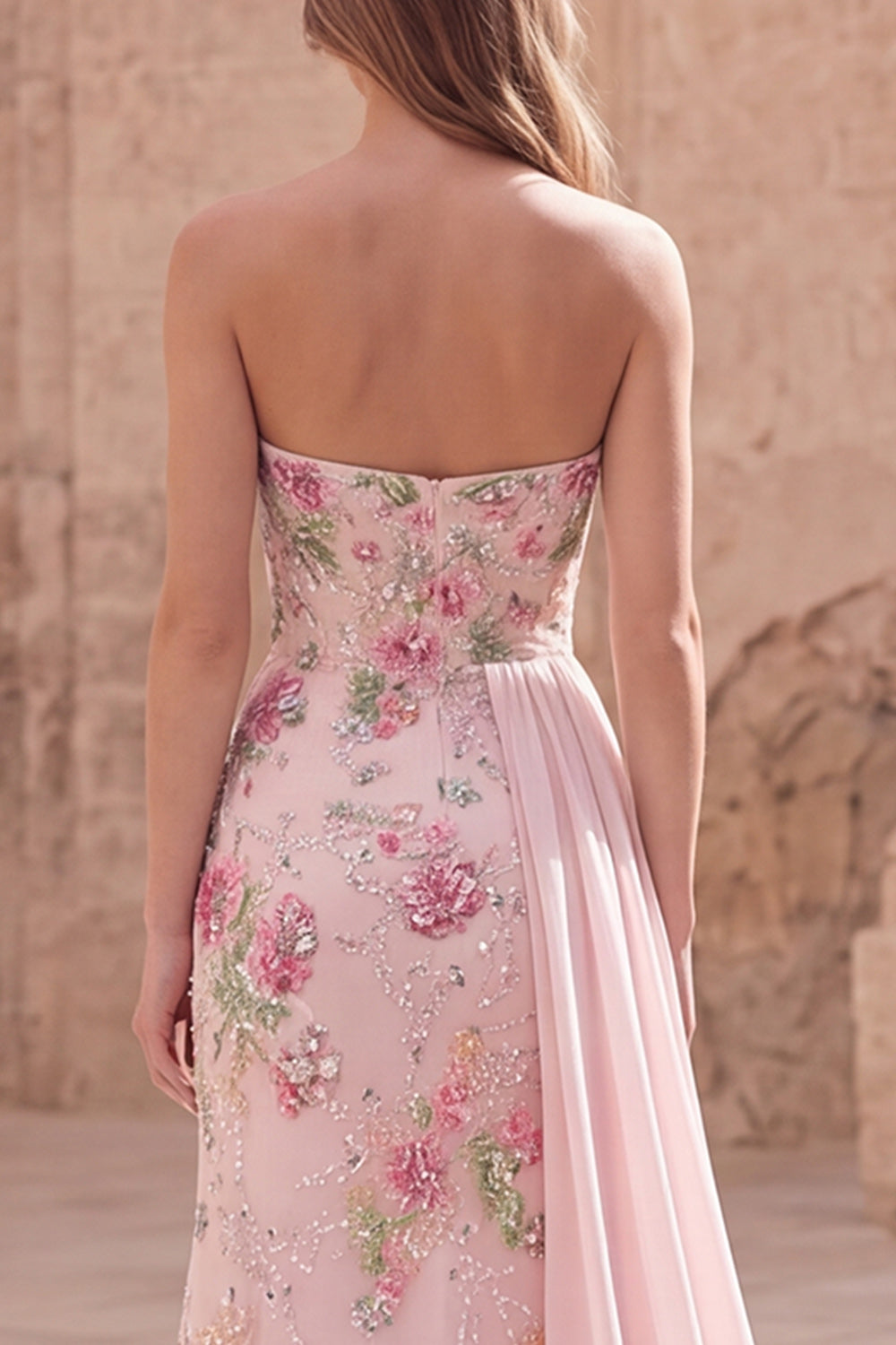 Beaded Floral Mermaid Sparkly Pink Long Formal Dress with Side Cape