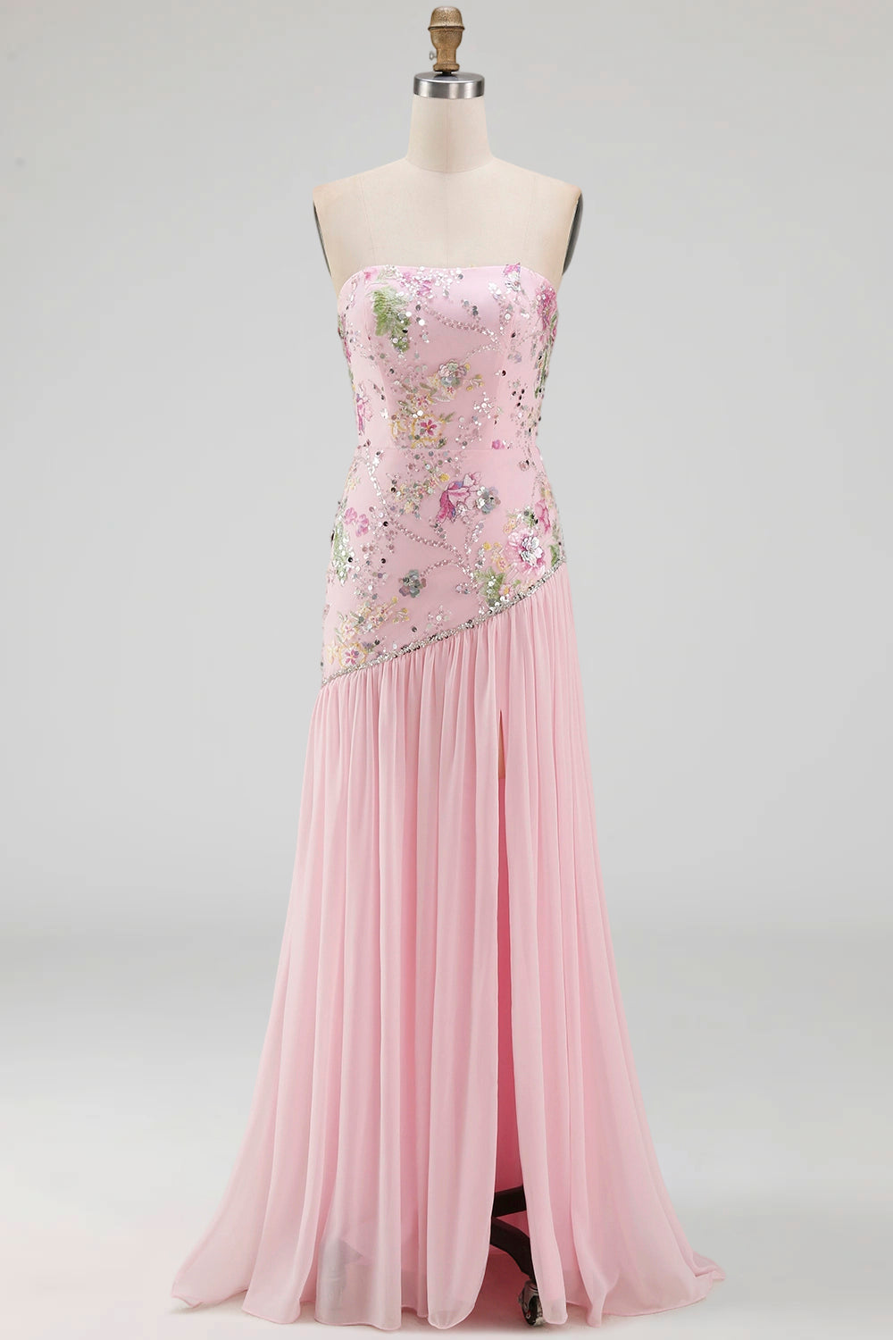 Strapless Sparkly Pink Long Beaded Floral A Line Formal Dress with Slit