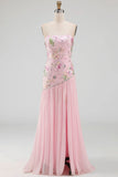 Strapless Sparkly Pink Long Beaded Floral A Line Formal Dress with Slit