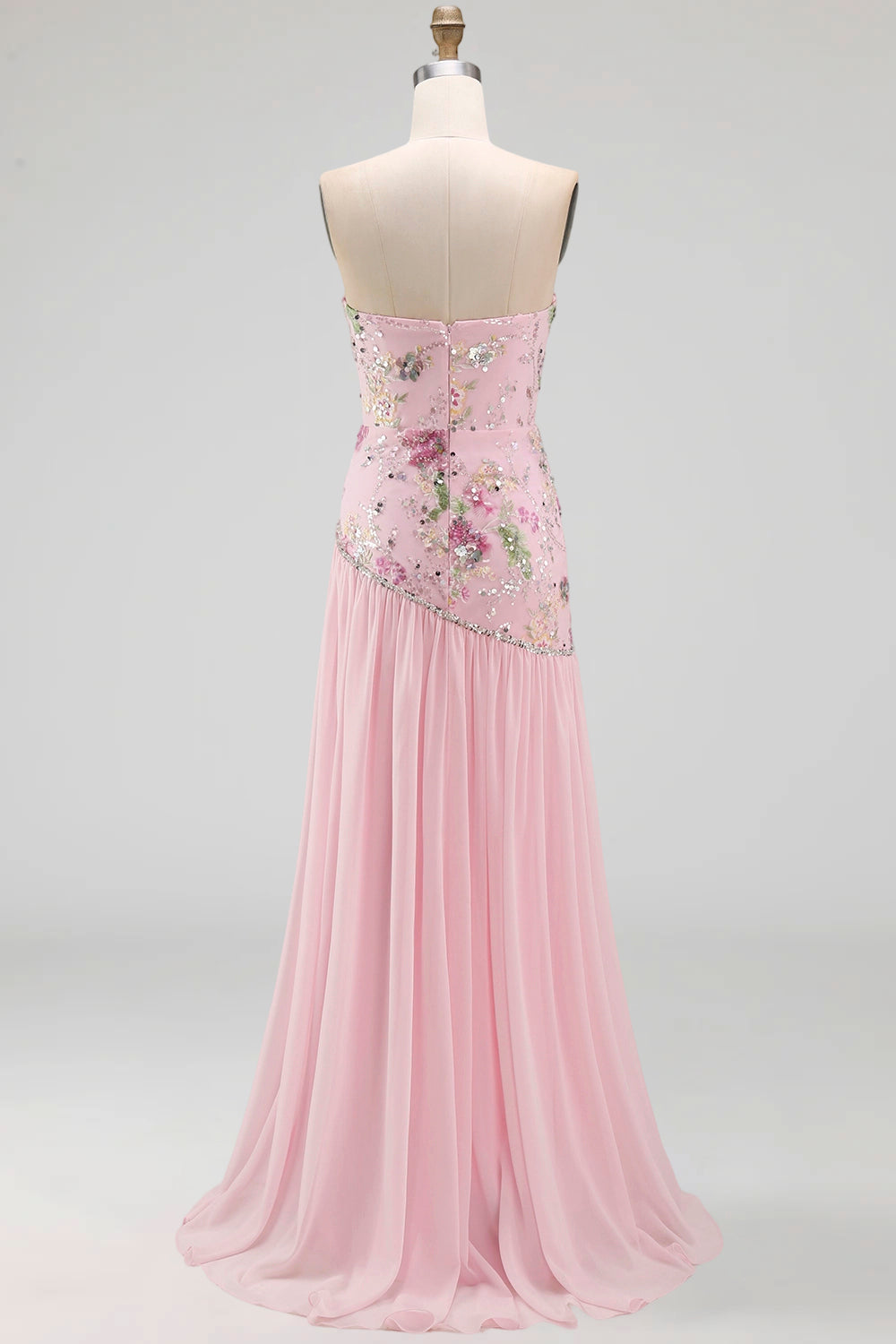 Strapless Sparkly Pink Long Beaded Floral A Line Formal Dress with Slit