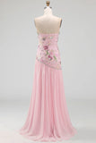 Strapless Sparkly Pink Long Beaded Floral A Line Formal Dress with Slit