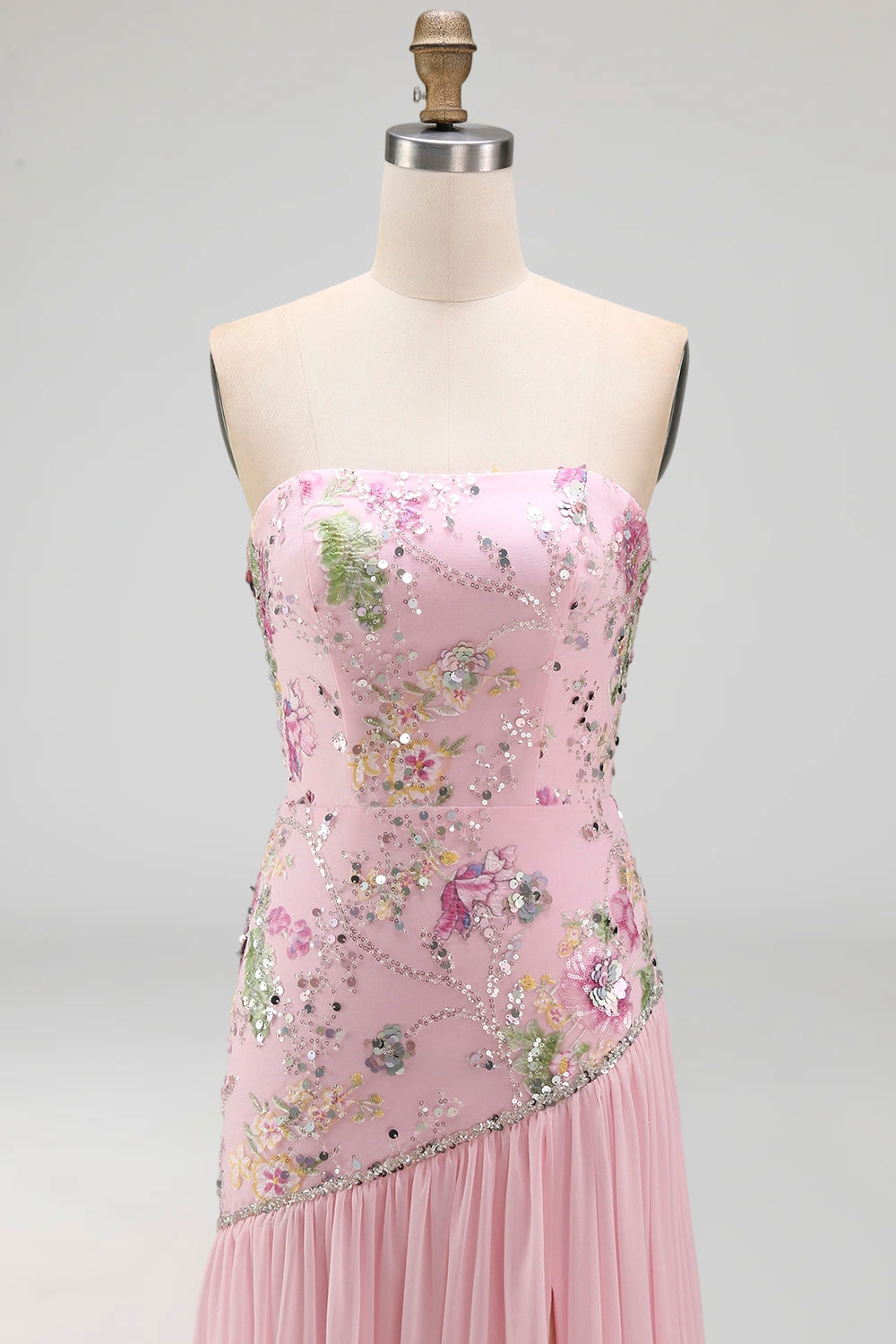 Strapless Sparkly Pink Long Beaded Floral A Line Formal Dress with Slit
