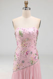 Strapless Sparkly Pink Long Beaded Floral A Line Formal Dress with Slit