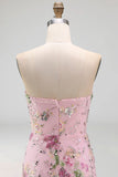Strapless Sparkly Pink Long Beaded Floral A Line Formal Dress with Slit
