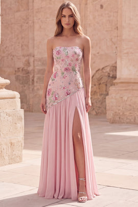 Strapless Sparkly Pink Long Beaded Floral A Line Formal Dress with Slit