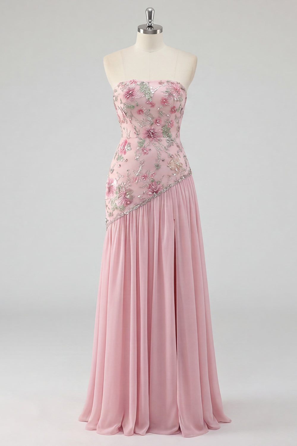 Strapless Sparkly Pink Long Beaded Floral A Line Formal Dress with Slit