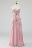 Strapless Sparkly Pink Long Beaded Floral A Line Formal Dress with Slit