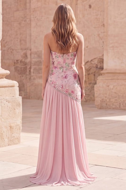 Strapless Sparkly Pink Long Beaded Floral A Line Formal Dress with Slit