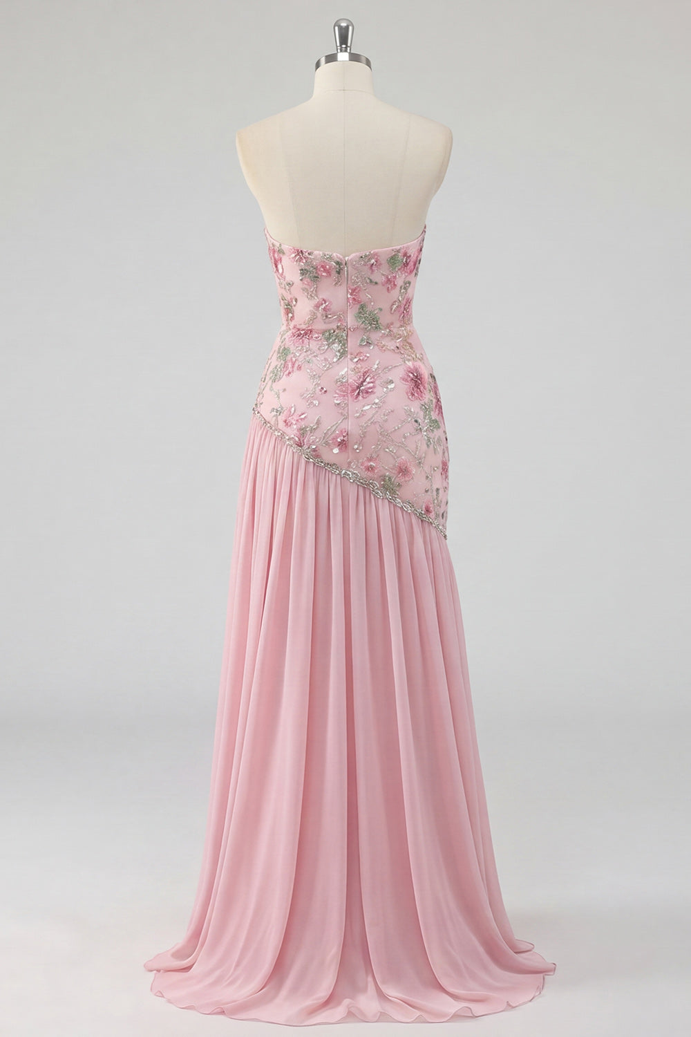 Strapless Sparkly Pink Long Beaded Floral A Line Formal Dress with Slit