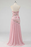 Strapless Sparkly Pink Long Beaded Floral A Line Formal Dress with Slit