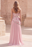 Strapless Sparkly Pink Long Beaded Floral A Line Formal Dress with Slit