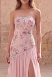 Strapless Sparkly Pink Long Beaded Floral A Line Formal Dress with Slit