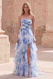 Strapless Ruffled White Blue Flower Long A Line Formal Dress with Slit
