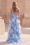 Strapless Ruffled White Blue Flower Long A Line Formal Dress with Slit