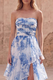Strapless Ruffled White Blue Flower Long A Line Formal Dress with Slit