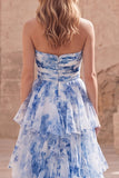 Strapless Ruffled White Blue Flower Long A Line Formal Dress with Slit
