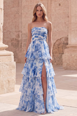 A Line Strapless White Blue Flower Long Formal Dress with Ruffles