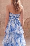 A Line Strapless White Blue Flower Long Formal Dress with Ruffles