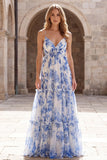 Spaghetti Straps A Line White Blue Flower Long Formal Dress