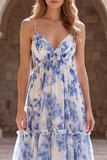 Spaghetti Straps A Line White Blue Flower Long Formal Dress