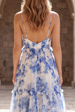 Spaghetti Straps A Line White Blue Flower Long Formal Dress