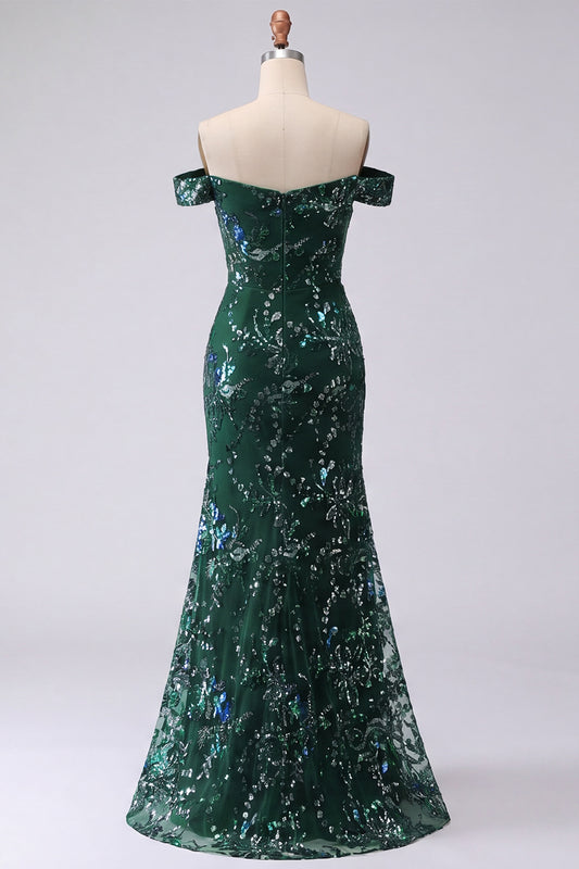 Off the Shoulder Sparkly Dark Green Long Mermaid Floral Beaded Prom Dress with Slit