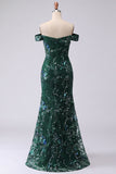 Off the Shoulder Sparkly Dark Green Long Mermaid Floral Beaded Prom Dress with Slit