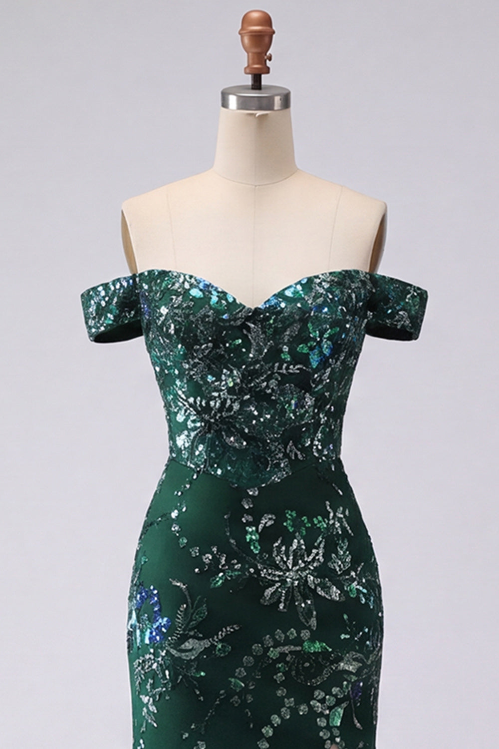 Off the Shoulder Sparkly Dark Green Long Mermaid Floral Beaded Prom Dress with Slit